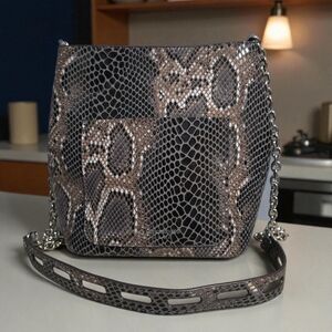 Sondra Roberts Snake Print Black & Tan Shoulder Bucket Bag